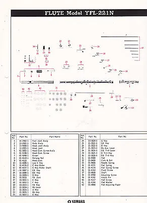 1980 YAMAHA MUSICAL INSTRUMENT PARTS LIST Ad Sheet - FLUTE Model YFL-221N • $20.38