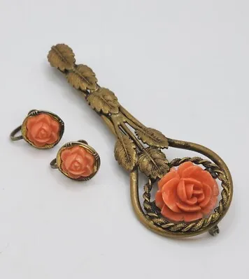 Victorian Carved Coral Celluloid Rose Brass Art Deco Brooch Sterling Earring Set • $220