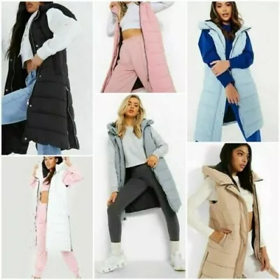 £24.99 • Buy Ladies Long Line Hooded Puffer Gilet Jacket Padded Body Warmer Side Pockets Zips