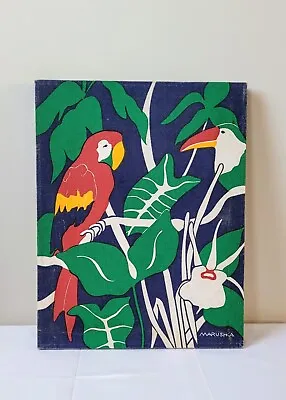 Vintage MARUSHKA Parrot & Toucan Screen Print Canvas 11 X14  *Note Age Spots* • $95