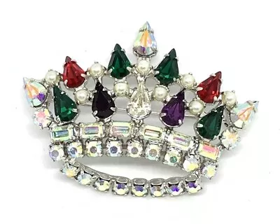 Vintage Signed B David Crown Brooch Pin AB & Multi-color Rhinestones STUNNING • $19.99