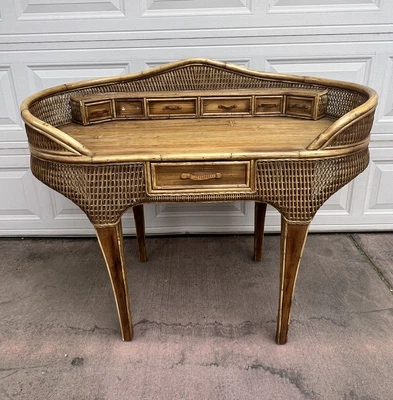 $375 • Buy Vintage Bamboo Wicker Boho Desk/Vanity Curved W/ Leather Hardware Amazing MCM