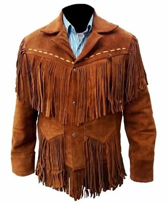 Men Native American Cowboy Leather Jacket Fringe Western Real Suede Jacket • $129.99