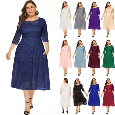 $45.49 • Buy Ladies Lace Long Dress Plus Size Wedding Evening Party Cocktail Oversized 12 -26
