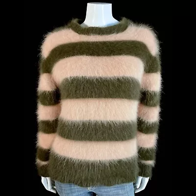 80% Angora Fuzzy Olive & Tan Stripe Stretchy Crew Neck Pullover Sweater 40  Bust • $219.99