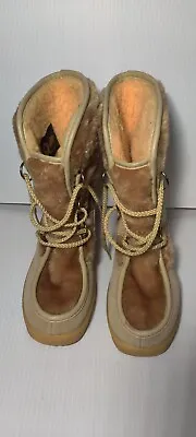 Quoddy Womens Sz 10 Beige Moccasins Suede Leather Fur Hiking Boots Lace Up • £60.12