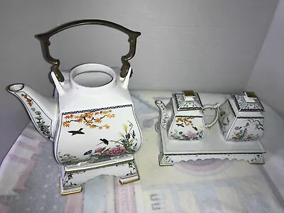 Franklin Mint Oriental Tea Pot Sugar & Creamer Birds&Flowers 1986 • $35