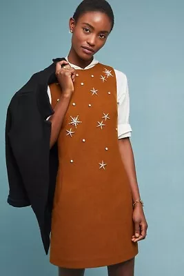 Anthropologie Mignon Doo Brown Wool Blend Embellished Starry Shift Dress Large • $95