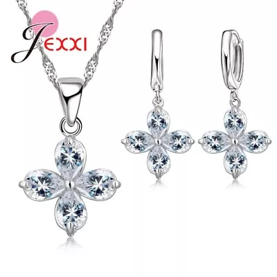 925 Sterling Silver Cubic Zirconia Crystal Necklace Pendant And Earring Set UK • £5.49