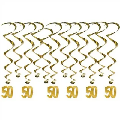 50th Anniversary Hanging Whirl Decorations Gold Foil 12 Pack 32.5  And 17.5  • $6.49