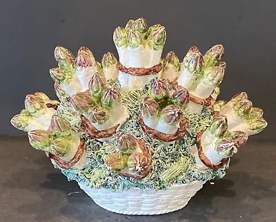 Majolica Asparagus In Woven Basket Ceramic Centerpiece Made In Italy Vintage • $219.95