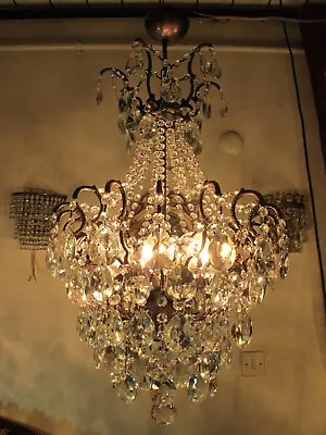 VİNTAGE French  Spider Style Crystals Chandelier  Brass Ceiling Lamp Lighting • £649