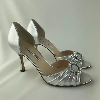 Manolo Blahnik Sedaraby D’Orsay Jewel Buckle Silver Heels 36.5 • $245