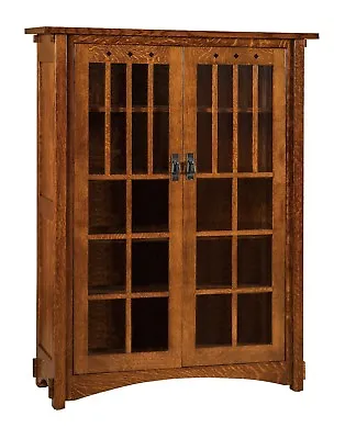 Amish Mission Arts And Crafts Bookcase Glass Doors Inlays Solid Wood 46 X60  • $3299