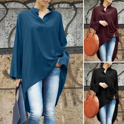 ZANZEA Women Long Sleeve V Neck Tops High Low Asymmetric Waterfall Shirt Blouse • $30.42