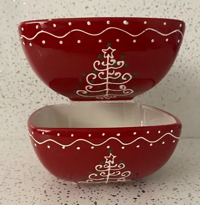 Vintage Signature Hand Painted Curly Christmas Tree Red Holiday Bowls Set Of 2 • $19.99