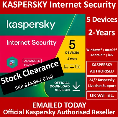 £29.96 • Buy Kaspersky Internet Security 2022 5-Devices (2 Years) EMAILED TODAY UK VAT Inc