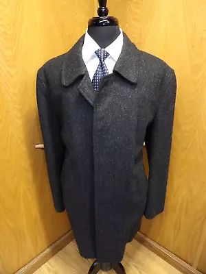 Harris & Frank Overcoat Top Coat Winter Coat 46r Black Gray Weave 100% Wool  G#7 • $39.99