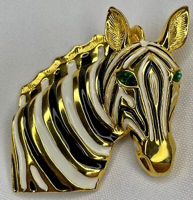 VTG ZEBRA HEAD PIN BROOCH GOLD TONE BLACK WHITE GREEN EYES RHINESTONES 2”x 2” • $12