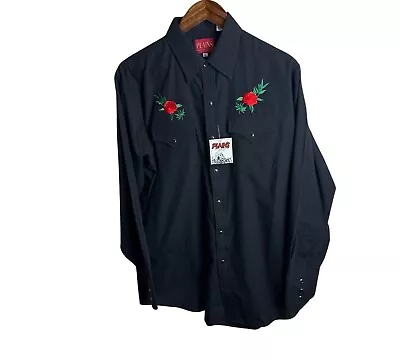 VTG Plains Western Wear Men’s Black Embroidered Rose Pearl Snap Shirt Sz L NWT • $44