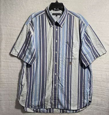 Vtg Y2K Tommy Hilfiger Button Shirt Crest Blue Stripe Mens XL Short Sleeve • $4.99