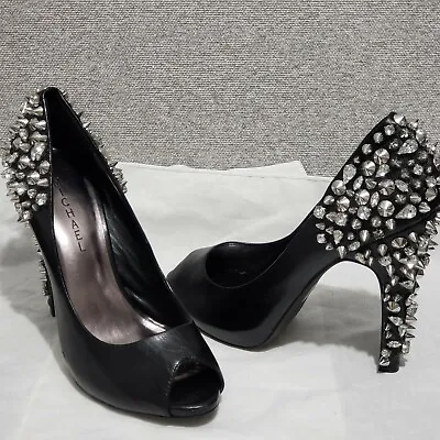 Michael Lorimer High Heels Silver Studs Spikes Black PEEP TOE Shoes 9M • $30.39