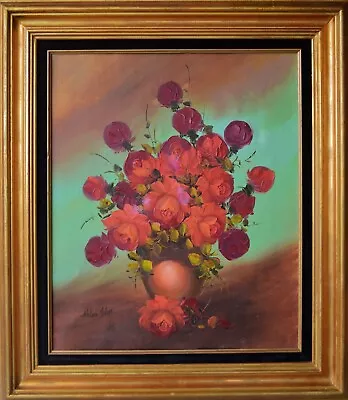 Vintage Original Oil Painting Red Flowers Roses In Vase Signed Framed • $119