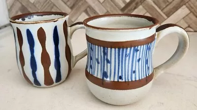 2 Takahashi Stoneware Mugs Handpainted Blue Brown San Francisco Art Country Styl • $16