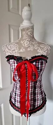 Red Tartan Fashion Glamour Overbust Corset Bustier Size Small + Thong + Briefs • £25