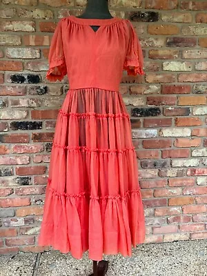 Vintage Bright Coral Square Dance Dress Handmade Rockabilly Size XS/S • $50