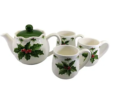 VTG Otagiri Teapot & 3 Cups Mary Ann Baker Christmas Holly Berries Hand Painted • $79.98