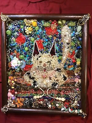 Jewelry Frame Art Signed Cat Mixed Media Vintage Beads Rings • $2000