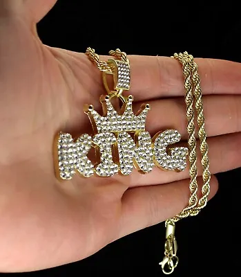 Mens Iced CZ King Pendant 14k Gold Or Silver Plated 24  Necklace Hip Hop Jewelry • $5.99