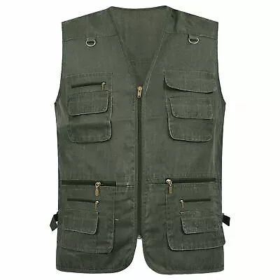 Mens Multi Pocket Vest Hunting Fishing Waistcoat Safari BodyWarmer Gilet Jacket • £14.99