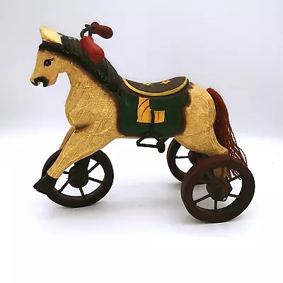 Vintage 10  Folk Art Carved Wooden Horse On Three Wheels Hand Painted Saddle • $34.99