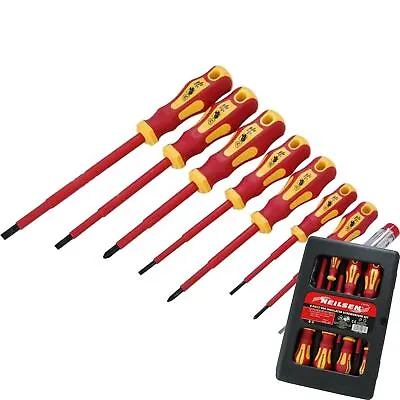 Neilsen 8pc Vde Insulated Pozi Flat Slotted Tip Screwdriver Set Voltage Tester • £14.29