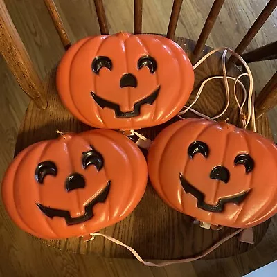 Vintage Halloween Pumpkin Blow Mold Jack O Lantern Two Face Light Up  LOT OF 3 • $40