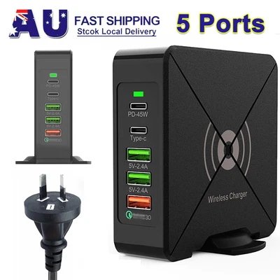 $35.99 • Buy 5 Ports USB Fast Charger Hub Quick Charge 3.0 Wireless Charging Station Adapter