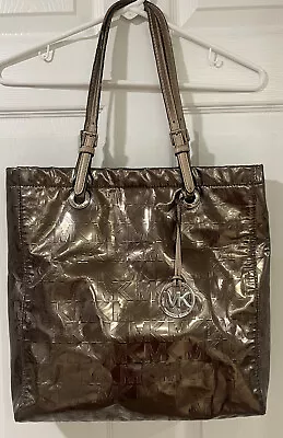 Michael Kors MK Mirror Metallic Gold Bronze Monogram Tote City Bag Purse Large • $68.88