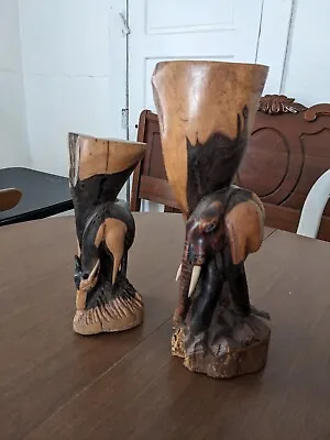 Vintage Hand Carved Solid Wood Elephant And Impala Statues • $132.79