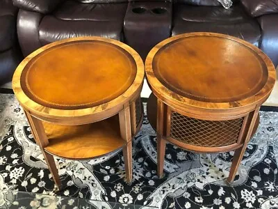 Mahogany Leather Top Brandt Drum Style Side Tables Mesh Decoration Brass Casters • $299