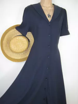 LAURA ASHLEY Vintage Navy Sailor Collar Nautical Cotton Jersey Maxi Dress UK14 • £150