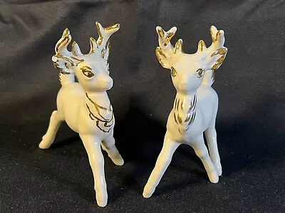 Vintage Set 2 Holland Mold MCM Porcelain White Gold Accent Reindeer Christmas • $22