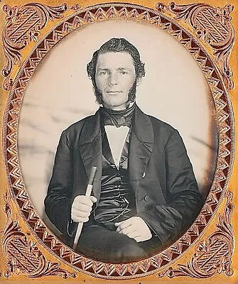 Gentleman With Long Sideburns Holding Cane 1/6 Plate Daguerreotype M155 • $215