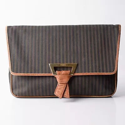 Vintage Fendi Neiman Marcus Pequin Stripe HandBag Purse Clutch Flap Black Brown • $520