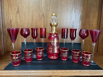 Red And Gold Murano Glass Decanter 6 Shot Glasses 8 Other Glasses • $85