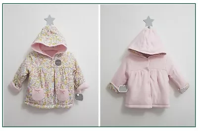 Baby Girls Pink & Floral Coat Padded Reversible Hooded Jacket 0-3 Months NEW • £13.99