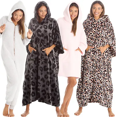Ladies All In One Fleece 1Onesie Hooded Loungewear Onezee Nightwear Hoodie • £18.95