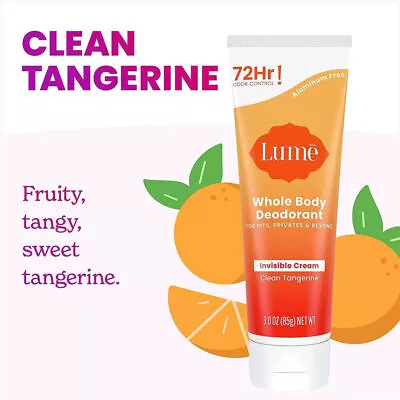 Lume Whole Body Deodorant Cream Clean Tangerine Skin Safe 72Hr Odor Control • £6.80