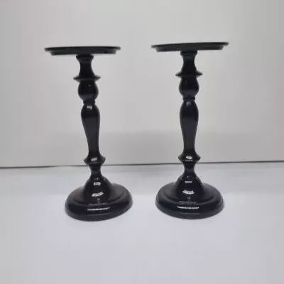 Laura Ashley Designer Black Dark Metal Column Candle Holder Stand Black Pair • £44.95